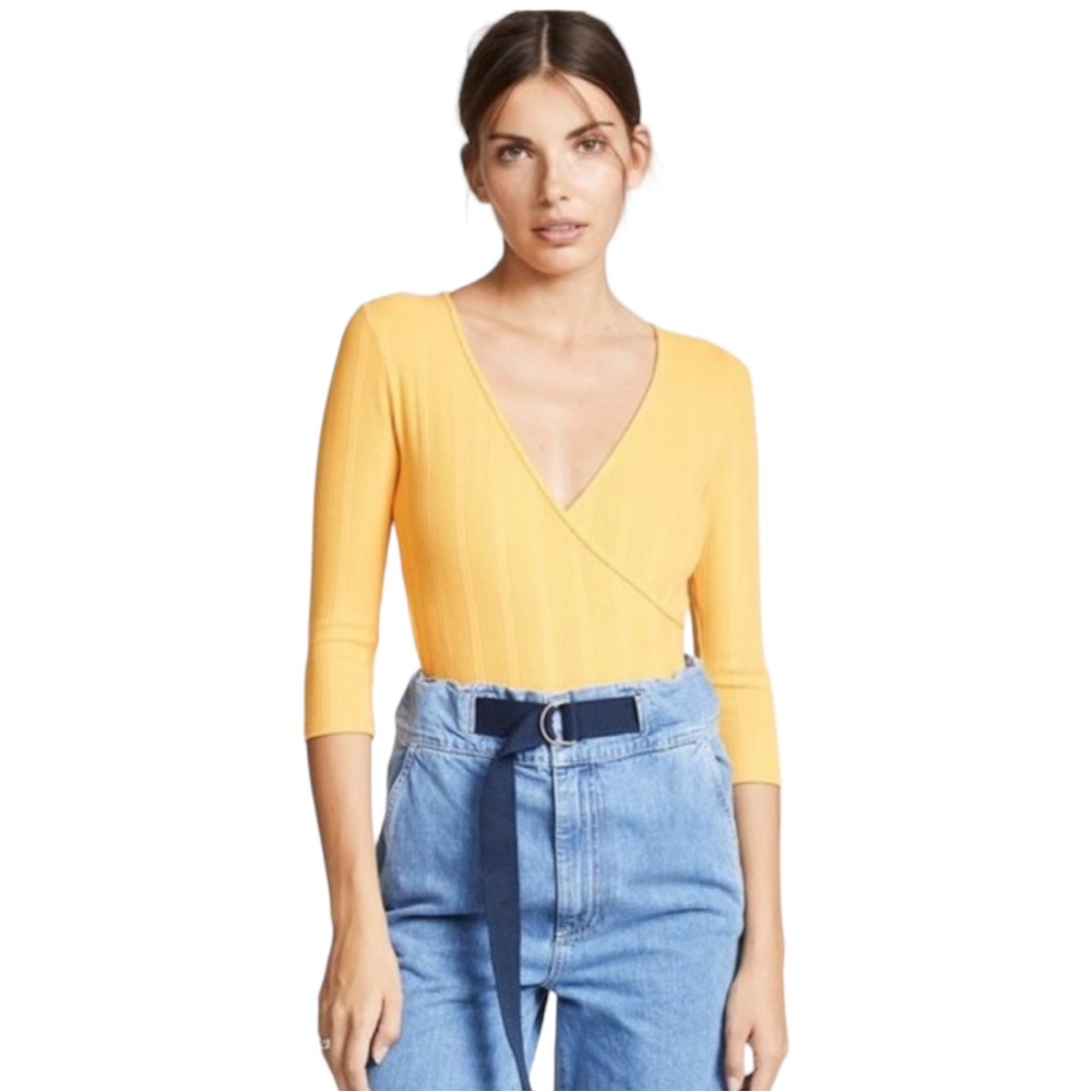 Mara Hoffman Women's mustard yellow quarter length sleeve Kaia bodysuit, Sz L